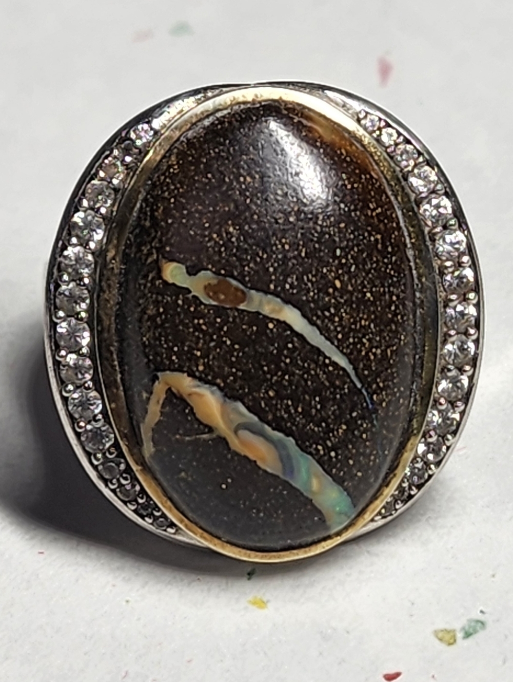 Boulder Opal with Diamond Halo Sterling Designer Ring